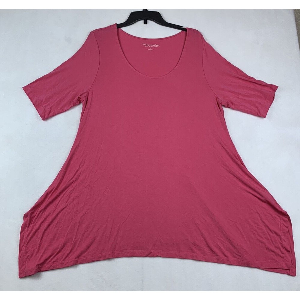 Soft Surroundings Plus Size 1X Pink Asymmetrical Hem Scoop Neck Elbow Sleeve Top